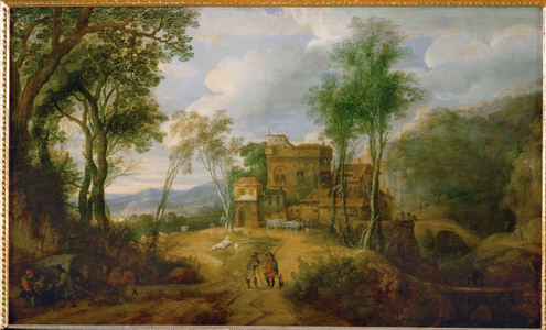 Mountain landscape with castle (painting on oakwood)