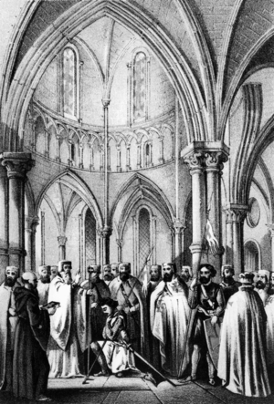 Admission of a novice in in templar order (engraving)