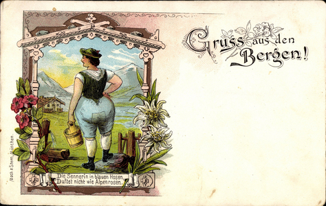 Greetings from the mountains, The dairywoman in blue pants (postcard)