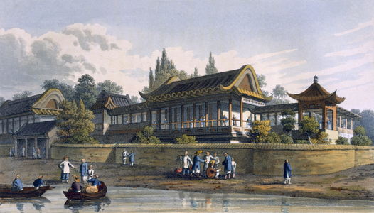 Summer Palace of the Emperor, opposite the City of Tien-Sing, 1817 (coloured engraving)