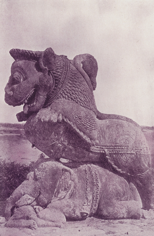 Hindu Lion crushing Buddhist Elephant, Kanarak (b/w photo)