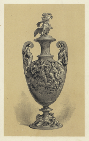 Vase in Silver Repousse Work, the subject representing Jupiter Warring with the Titans (chromolitho)