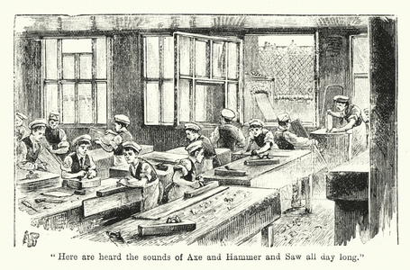 "Here are heard the sounds of Axe and Hammer and Saw all day long" (engraving)