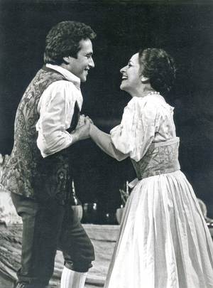 Jose Carreras as Nemorino and Ileana Cotrubas as Adina in 'L'Elisir d'Amore', Royal Opera House, Covent Garden, London, England, 1976 (b/w photo)