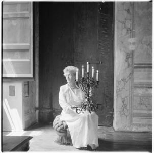 Caresse Crosby, portrait of American patron of the arts and inventer of first patented brassiere, in Castello di Rocca Sinibalda, Italy, mid 1950's (b/w photo)