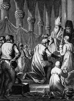 Coronation of Ivan IV aka Ivan the Terrible (1530-1584) as czar of Russia, january 16, 1547, engraving