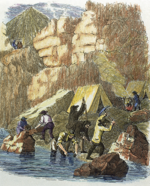 USA, Gold Rush, 19th century (colour engraving)