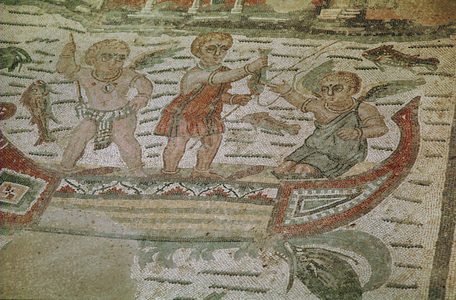Erotes on boats playing in a pond;dolphins and other fish (mosaic)