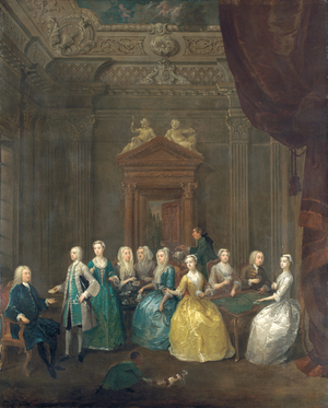 Portrait of the Porten family taking tea in a lavish interior (oil on canvas)