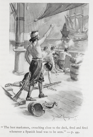 "The best marksmen, crouching close to the deck, fired and fired whenever a Spanish head was to be seen". A sea battle.