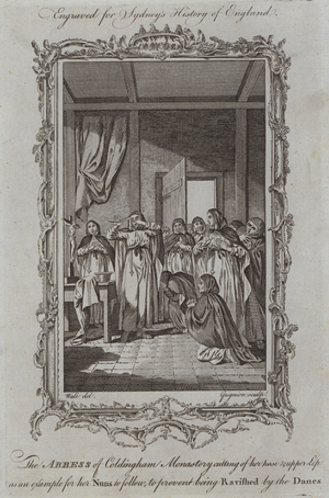 The Abbess of Coldingham Monastery cutting of her nose and upper Lip as an example for her Nuns to follow, to prevent being Ravished by the Danes (engraving)