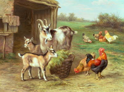 Chickens and Goats Feeding in a Farmyard, 1944 (oil on canvas)