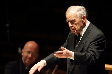 Pierre Boulez in May 2010 conducting l'Orchestre de Paris, Salle Pleyel, Paris, France.  French composer and conductor, b. 1925