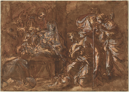 The Adoration of the Shepherds (pen and brown ink with brown wash over red chalk, heightened with white on laid paper, squared for transfer)