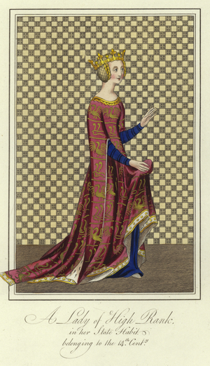 A lady of high rank in her state habit of the 14th Century (coloured engraving)