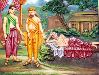 Life of Buddha, Ba Vang buddhist temple, Uong Bi. Vietnam. (painted low relief)