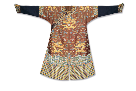 Imperial chestnut embroidered gauze dragon robe, Mangpao, Qianlong Period (1736-95) (textile)