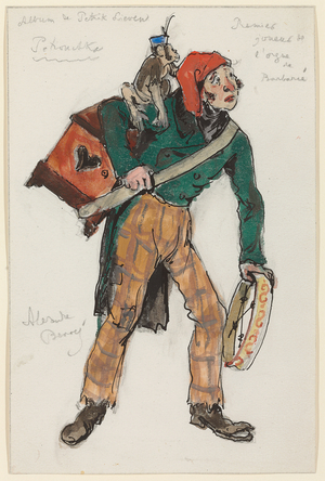 The First Barrel-organ Player; a costume design for the ballet 'Petrushka' (1911), c. 1911 (pencil, ink and watercolour on paper)