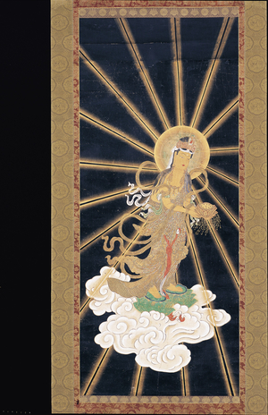 Amitabha (Amida) Triad Descending From Heaven (pigment on konshi (blue rice paper))