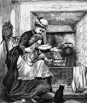 A nursemaid with a child in front of a fire, 1850