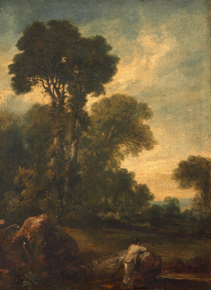 Farmhand looking out over a Field with Trees