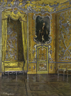 Bedroom of the Amalienburg in Castle Nymphenburg, near Munich, Constructed 1734-49 from designs by Cuvillies (colour litho)