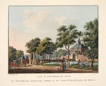Vue d'Amsterdam No.23. De Utrechtsche Poort, van buiten. La Porte d'Utrecht prise du dehors, 1825 (hand-coloured engraving)