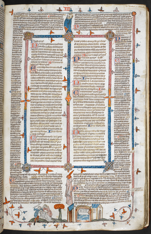 A bas-de-page scene of two men beating another near a church
