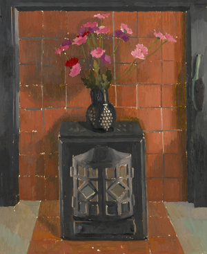 Woodburner with pink, violet and red flowers in a vase (oil on paper)