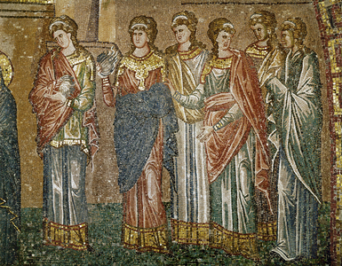 Young maidens waiting to receive wool to weave the curtain for the temple (mosaic)