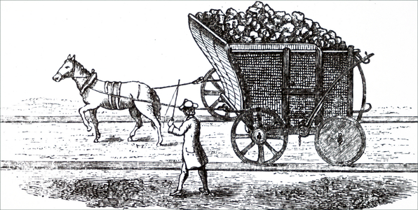 A horse drawing a wagon of coals