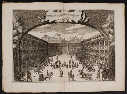 Illustration of parade in arena of Teatro Del Tornio in Bologna Italy. Crowds in the square.