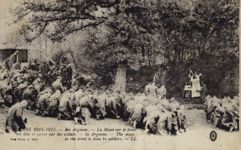 Soldiers at Mass at the front, Argonne Forest, France, World War I (b/w photo)
