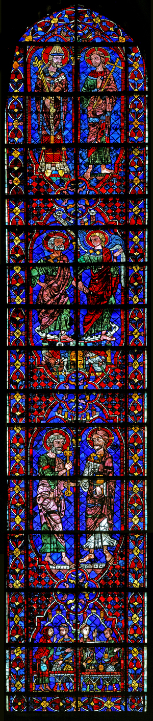 Scenes from the life of St Peter with donors - the moneychangers (w105) (stained glass)