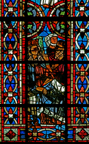 Window w211 depicting the birth of St Helen: a doctor attends? (stained glass)