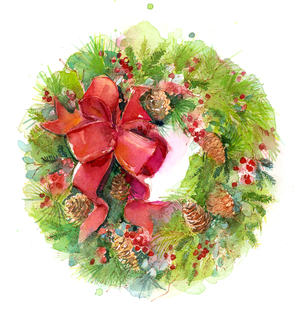 Christmas wreath with Red Bow, 2016 (watercolor)