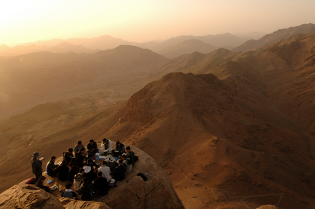 Pilgrims gather on Mount Sinai where God spoke to Moses, per the Bible, Gospel of Jud…, 2006 (photo)