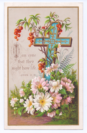 A Victorian religious greeting card of a cross decorated with hip berries and white and pink primroses, c.1880 (colour litho)