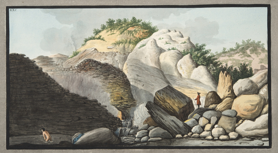 View of the hot spring, Pisciarelli, from a part of the Cone of the Solfaterra, Plate XXI from 'Campi Phlegraei: Observations on the Volcanoes of the Two Sicilies', by Sir William Hamilton (1730-1803), published 1776 (hand coloured engraving)