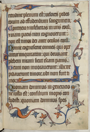 Psalm 13. Border decoration with two small grotesques, and small figure of St John holding a medallion with his symbol, the eagle.