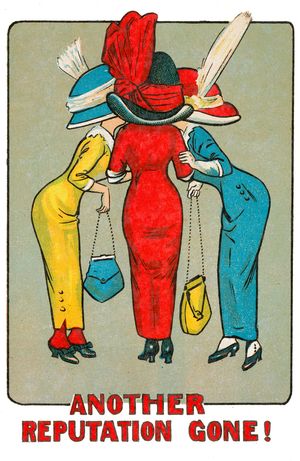 Another reputation gone! Trio of Edwardian women gossiping (colour litho)
