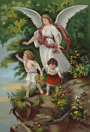 Angel watching over two young children (chromolitho)