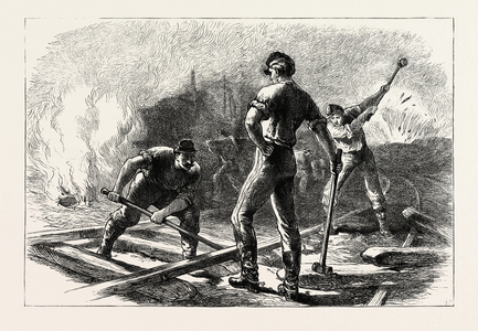 Troops Tearing Up a Railway, American Civil War,USA, 1870s Engraving
