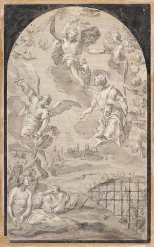Saint interceding with Christ not to hurl the thunderbolt on the city of Augsburg, 16th century (black chalk, pen & black ink, grey wash & white bodycolour on grey-prepared paper)