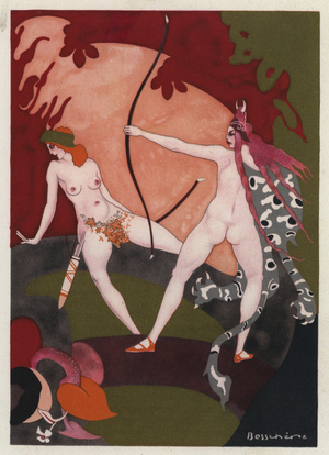 The Love Books of Ovid: She pursueth the wild beasts in the forests (colour litho)