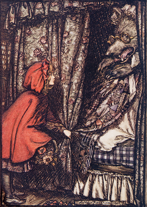"O, Grandmother, what big ears you have got", she said,  from The Fairy Tales of the Brothers Grimm, pub. 1909 (colour litho)