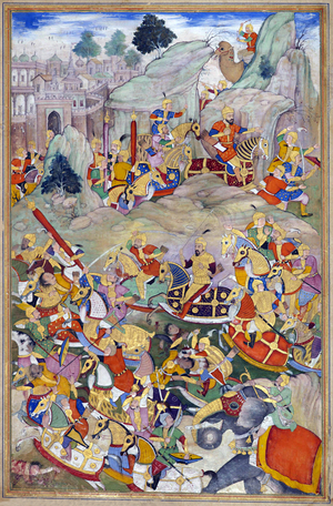 India / Afghanistan: Humayun defeats his rebellious brother Kamran at Kabul in 1553, c. late 16th century miniature