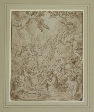 Angels rescuing Souls from burning in Hell-Fire (pen & ink with black chalk & brown wash on paper)