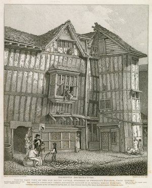 South East View of an old house lately standing in Sweedon's Passage, Grub Street (engraving)