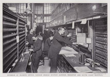 Interior of booking office, London Bridge Station, London, Brighton and South Coast Railway (b/w photo)